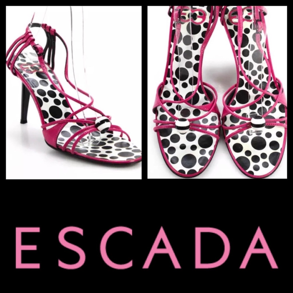 Escada Barbie Pink with Black and white Polka Dot Strappy Stilettos 👠 6.5